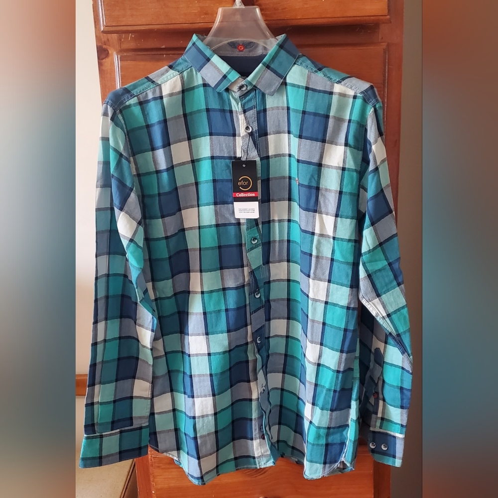 Mens Gulf Bird 1991 long sleeve, green/blue plaid button down shirt . XL